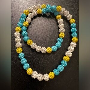 Rhinestone Studded Blue Yellow White Athlete Baseball Beads 20" Stretch Necklace